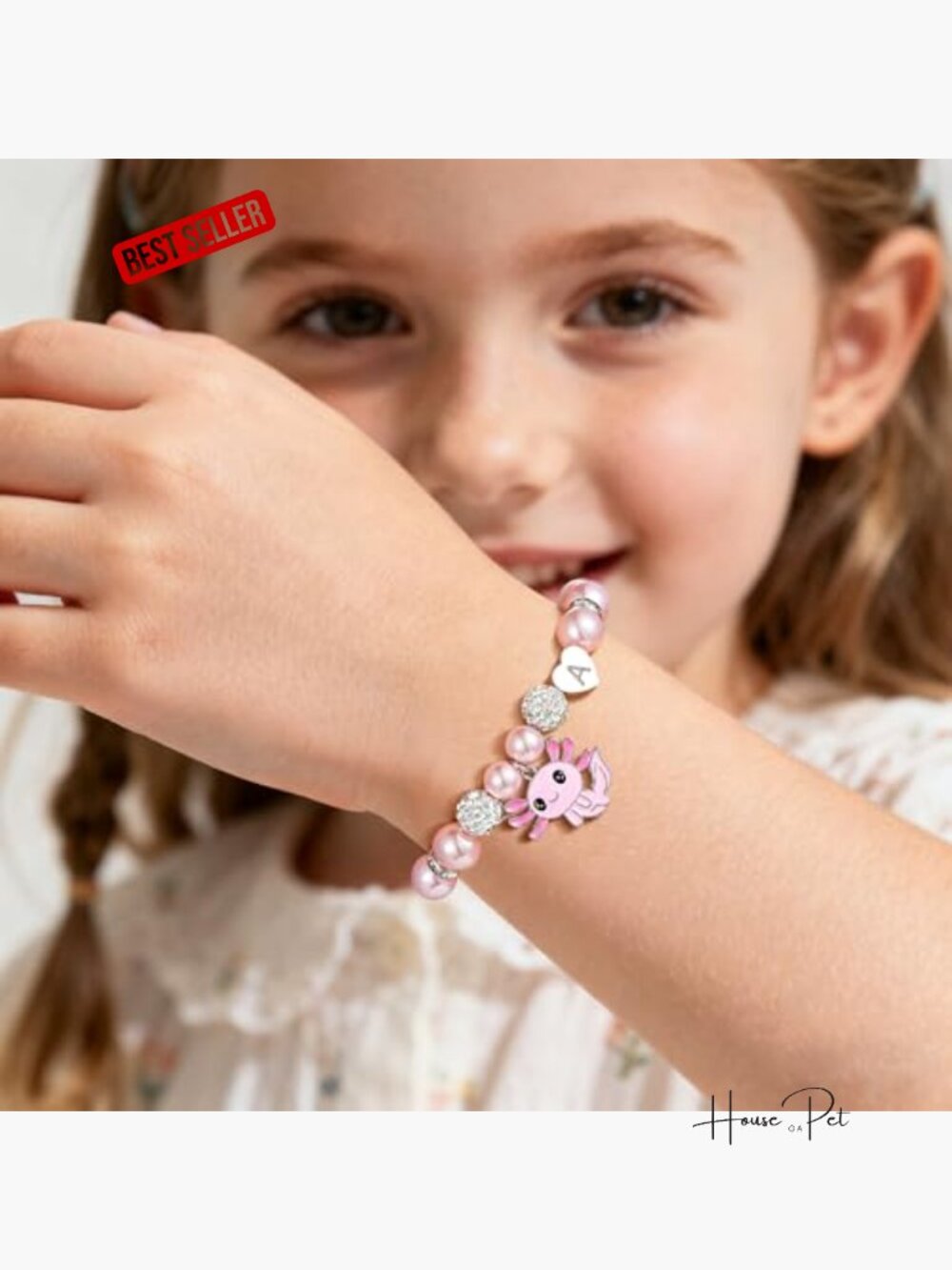 Cute Axolotl Heart Initial Bracelet CZ Rhinestone Beads and Pearl Bracelet - Picture 2 of 7